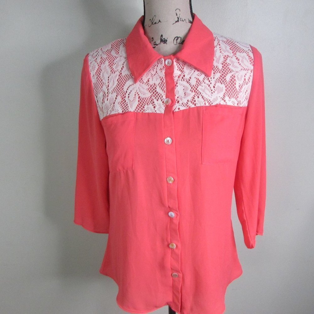 Nurture Blouse M Coral Button Up 3/4 Sleeve - Picture 1 of 11